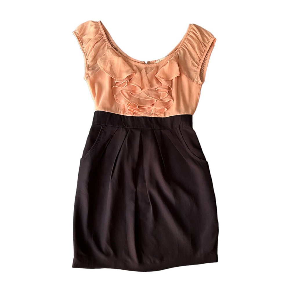 Forever 21 Dress Ruffle Front Pockets Empire Waist Sheath Pink Black Medium